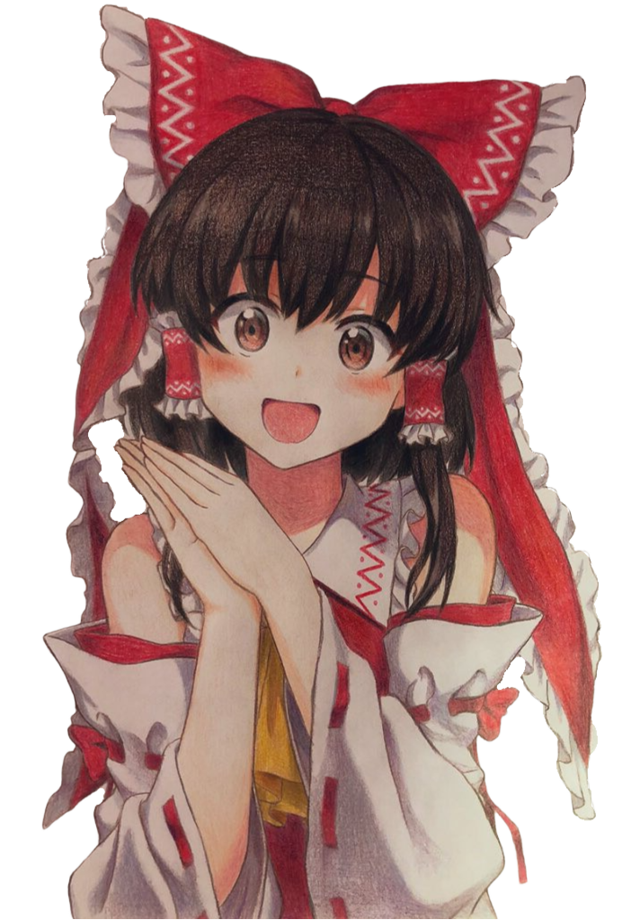 Anime-style illustration of Reimu Hakurei, a shrine maiden with long dark hair and red eyes, wearing a red and white outfit with a large red bow